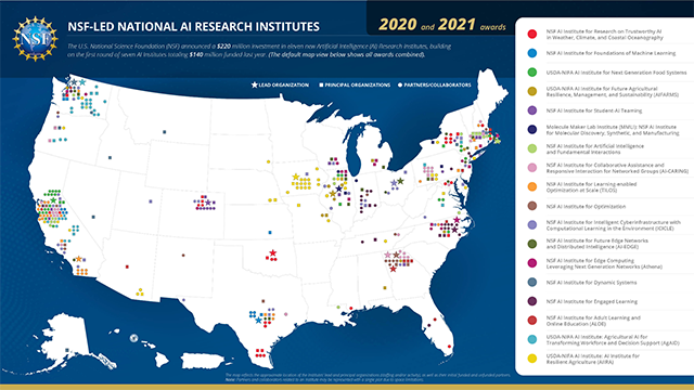 Map of NSF-funded AI institutes across the United States.