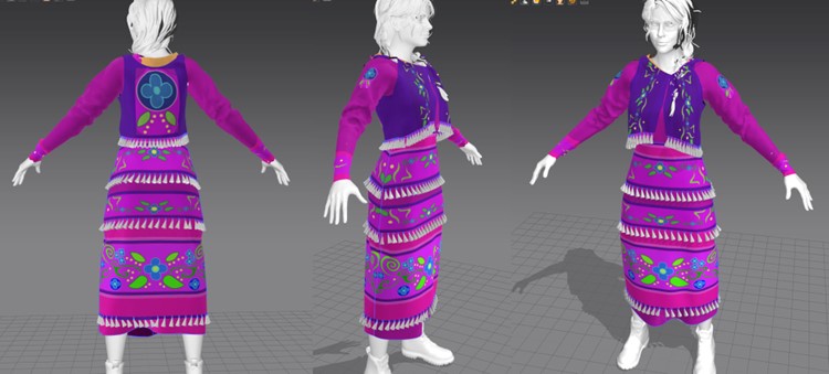 Different angles of Native dance regalia for a female digital character.