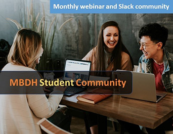 MBDH Student Community Monthly Webinar and Slack Community tile showing three students with their laptops sitting together at a table.