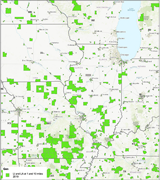 2019 USDA Food Access Research Atlas, showing the frequency of food deserts throughout the Midwest. The atlas indicates areas where a significant number of residents live more than 1 mile (urban) or 10 miles (rural) from the nearest supermarket.