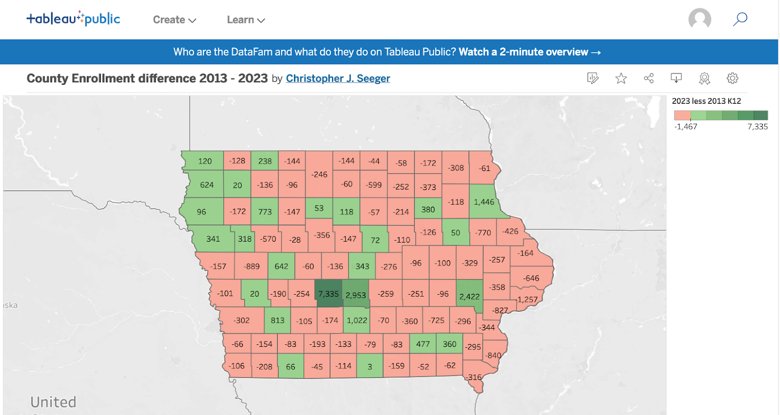 A map of Iowa counties, outlining changes in K–12 school enrollment across Iowa from 2013 to 2023.